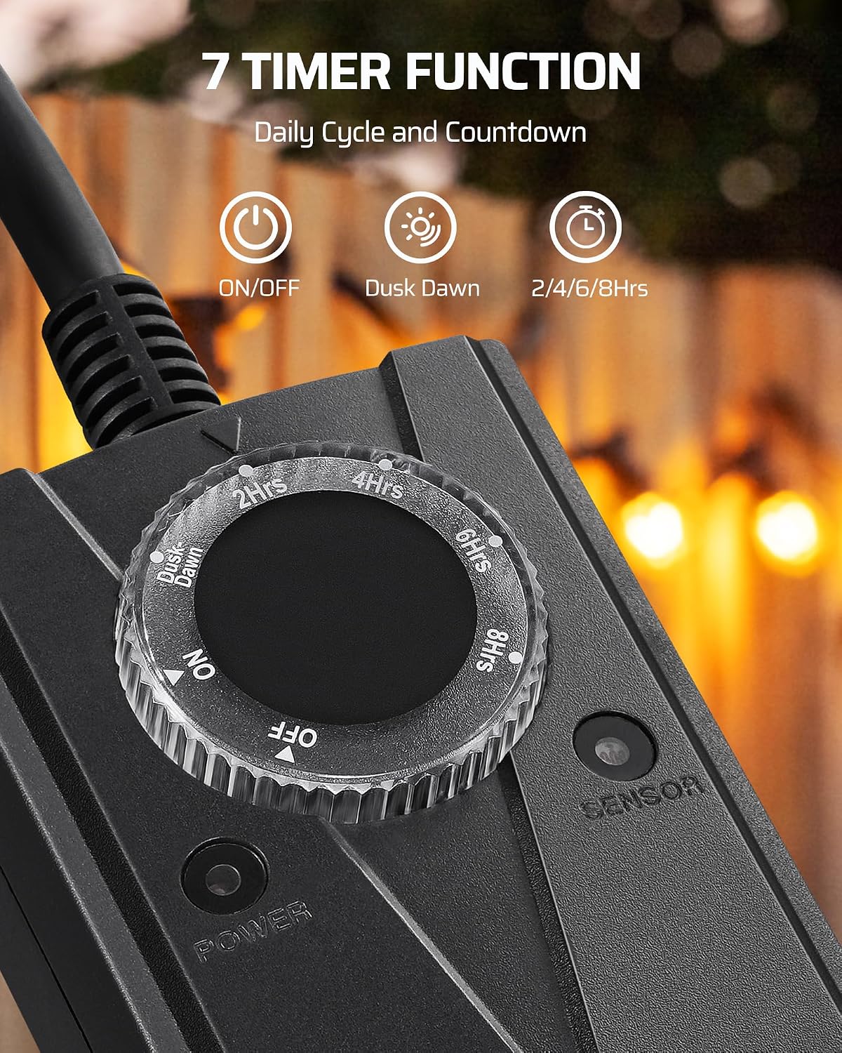 DEWENWILS Dusk to Dawn Light Timer,2-Prong Grounded Outlet | 2-Prong Grounded Outle, Dusk to Dawn, 2/4/6/8H Countdown, Weatherproof, Heavy Duty Outdoor Timer for String Light, UL Listed