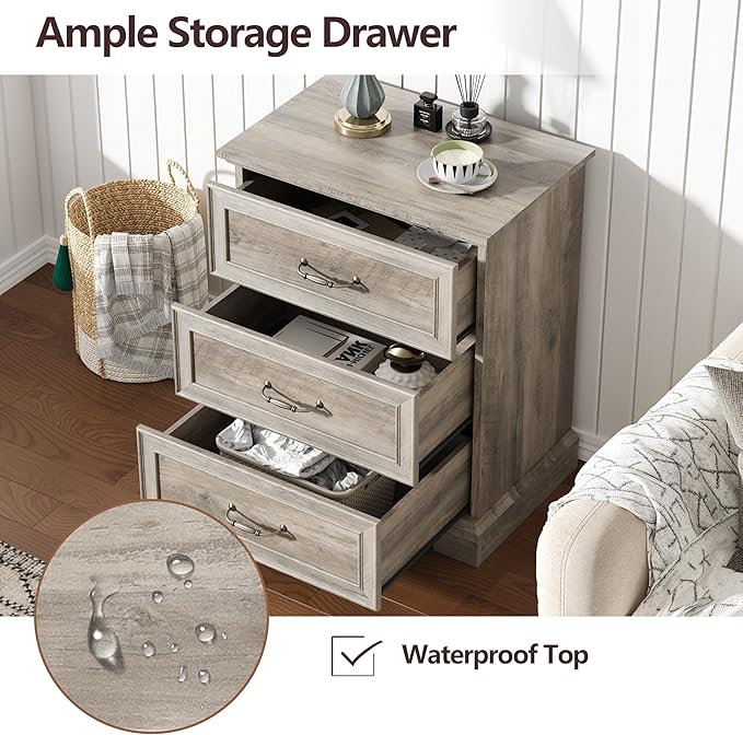 Nightstand with 3 Large Drawers, Rustic Farmhouse Wood Small Dresser, Bedside - Image 5