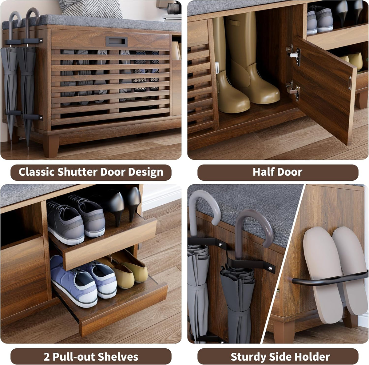 loomie 47.2" shoe storage bench with flip drawer on a desk or shelf