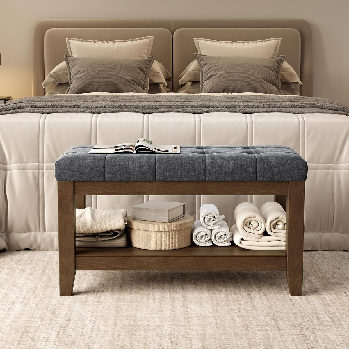 abheng solid rubber wood shoe bench, soft chenille, main product view