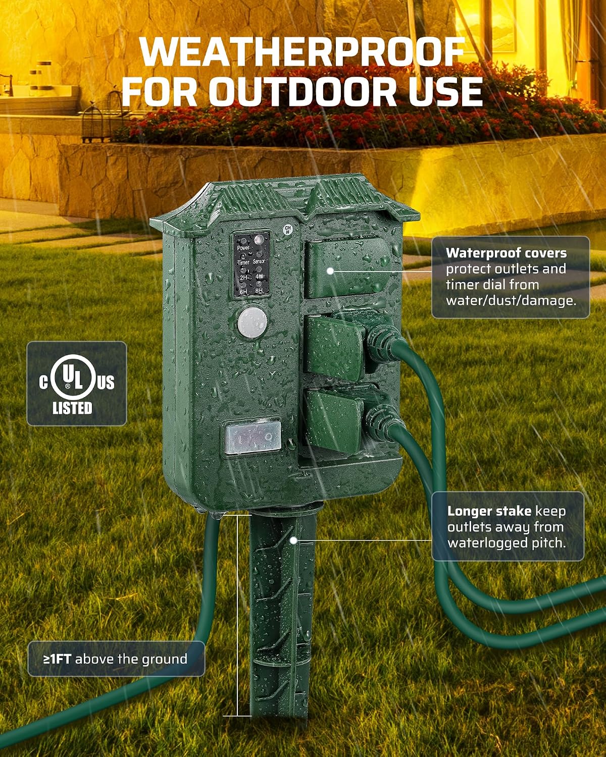 DEWENWILS Outdoor Power Stake Timer with Remote Control, Dusk to Dawn Timer | Waterproof, 6 Grounded Outlets, 6FT Extension Cord, 100FT Wireless Remote Control, Ideal for Lights, Yard, Garden, UL Listed