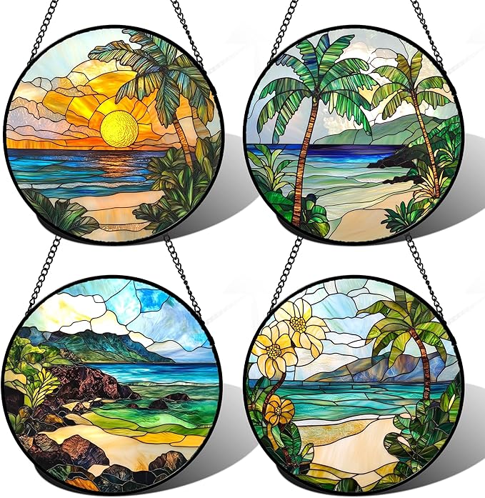DASTOLL Stained Glass Window Hanging 4 Pcs Set Blue Ocean Coconut Tree Scenery by DASTOLL
