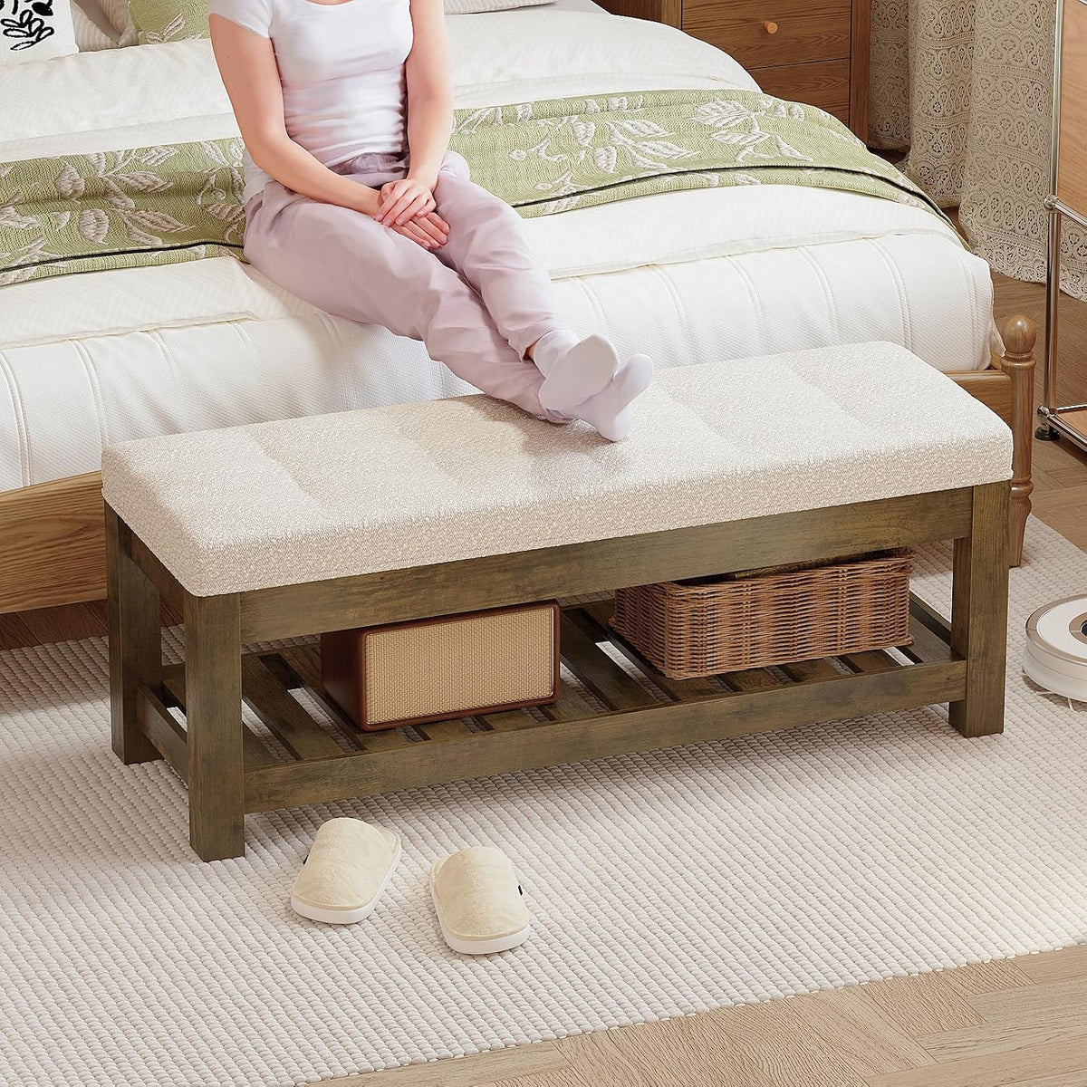 47.2" upholstered ottoman bench with wood storage shelf, package contents