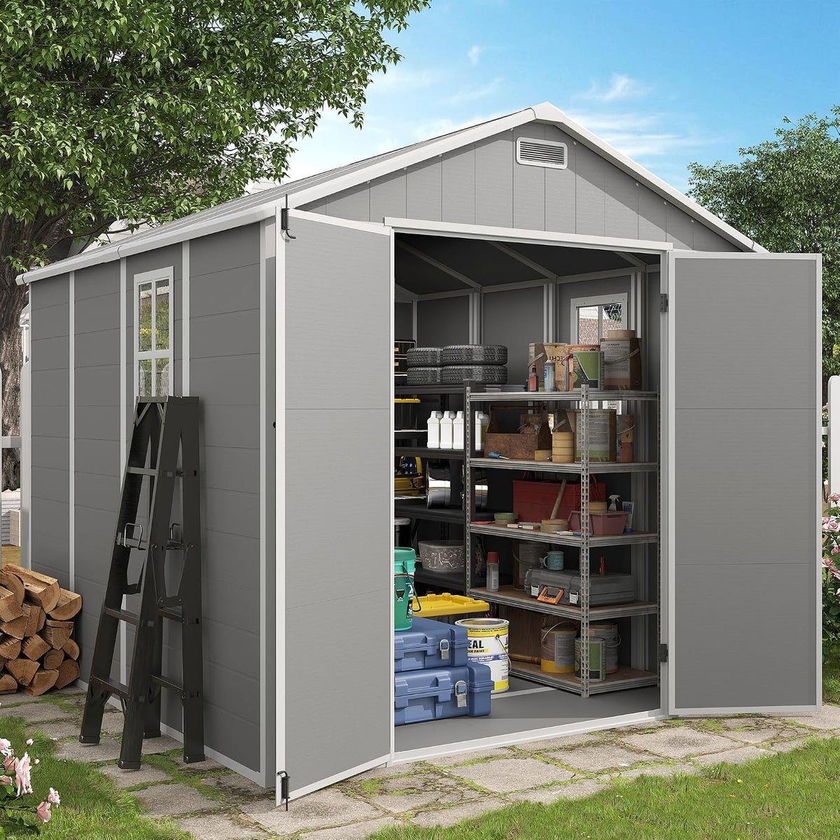 amopatio 8x8 ft storage shed, grey & white, main product view