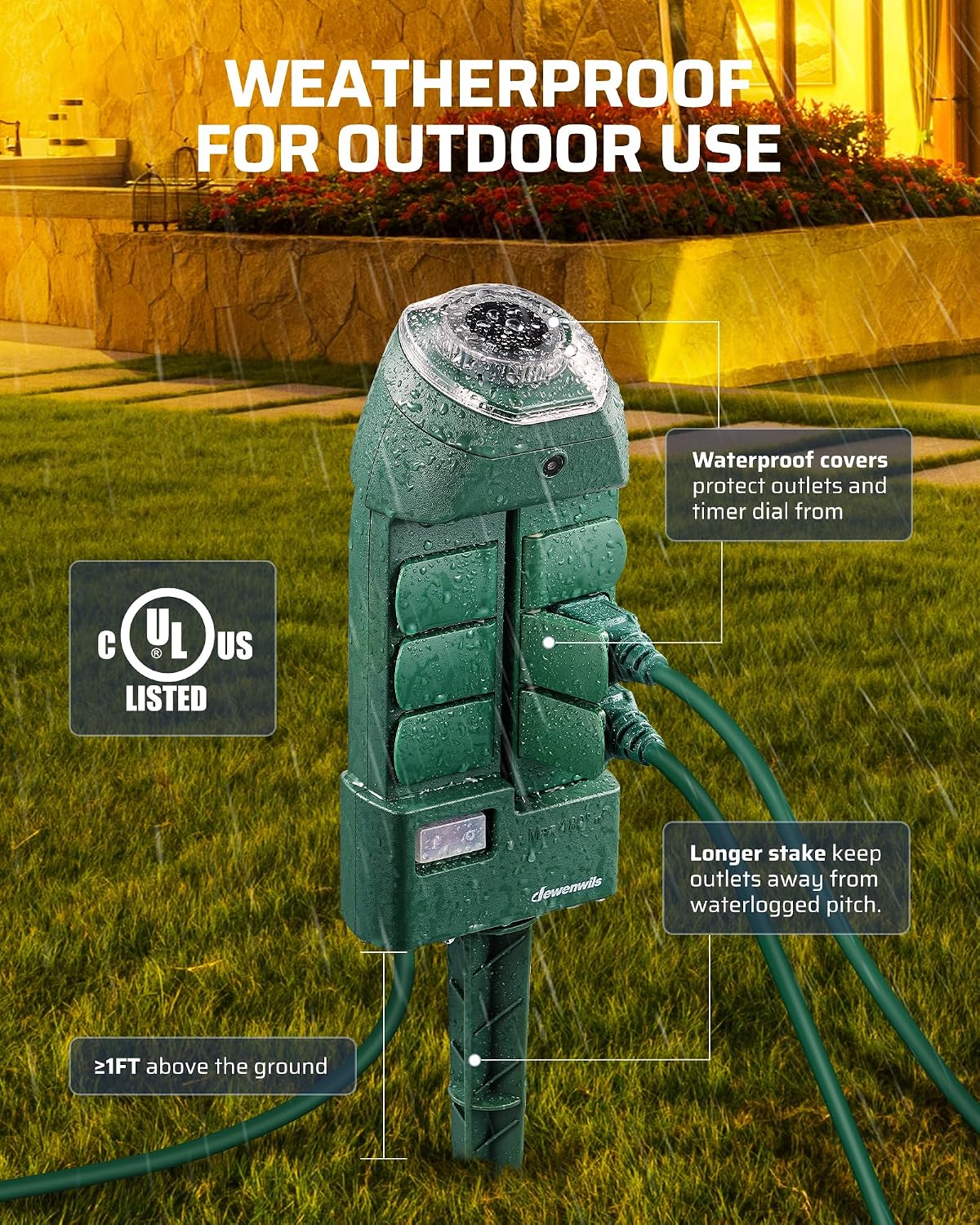 DEWENWILS Outdoor Power Strip Timer with Photocell, 6 Outlets 10ft Cord | Waterproof Countdown Light Control, Dusk to Dawn Timer, Works for Garden, Yard, Patio Lights, Decoration, 1875W/15A UL Listed