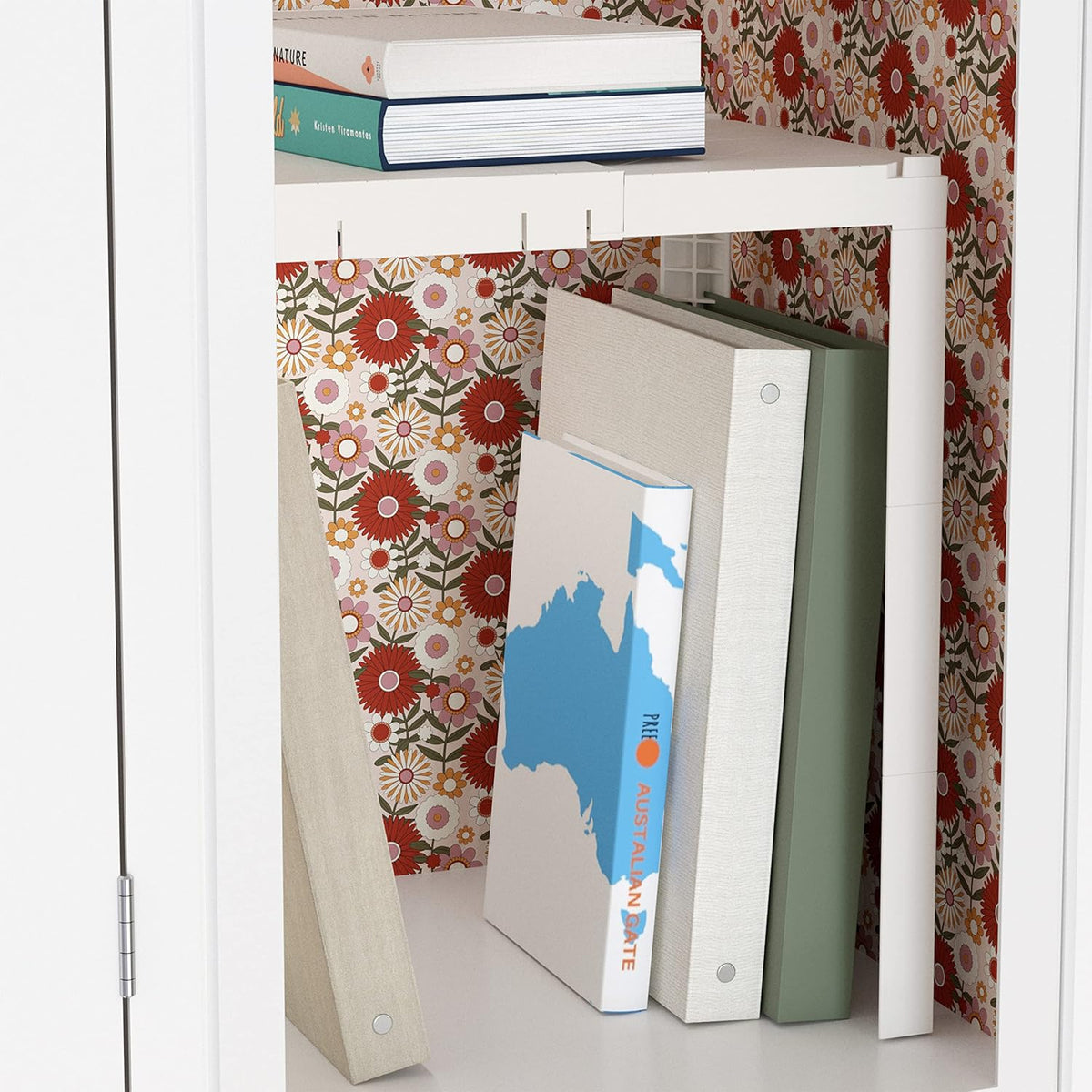 u brands locker organizer shelf, adjustable height & shown in use