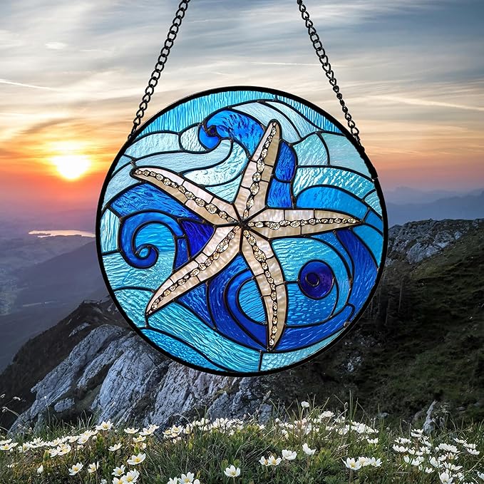 DASTOLL Stained Glass Window Hanging 4 Pcs Set Blue Ocean Waves Large 15" - Image 3
