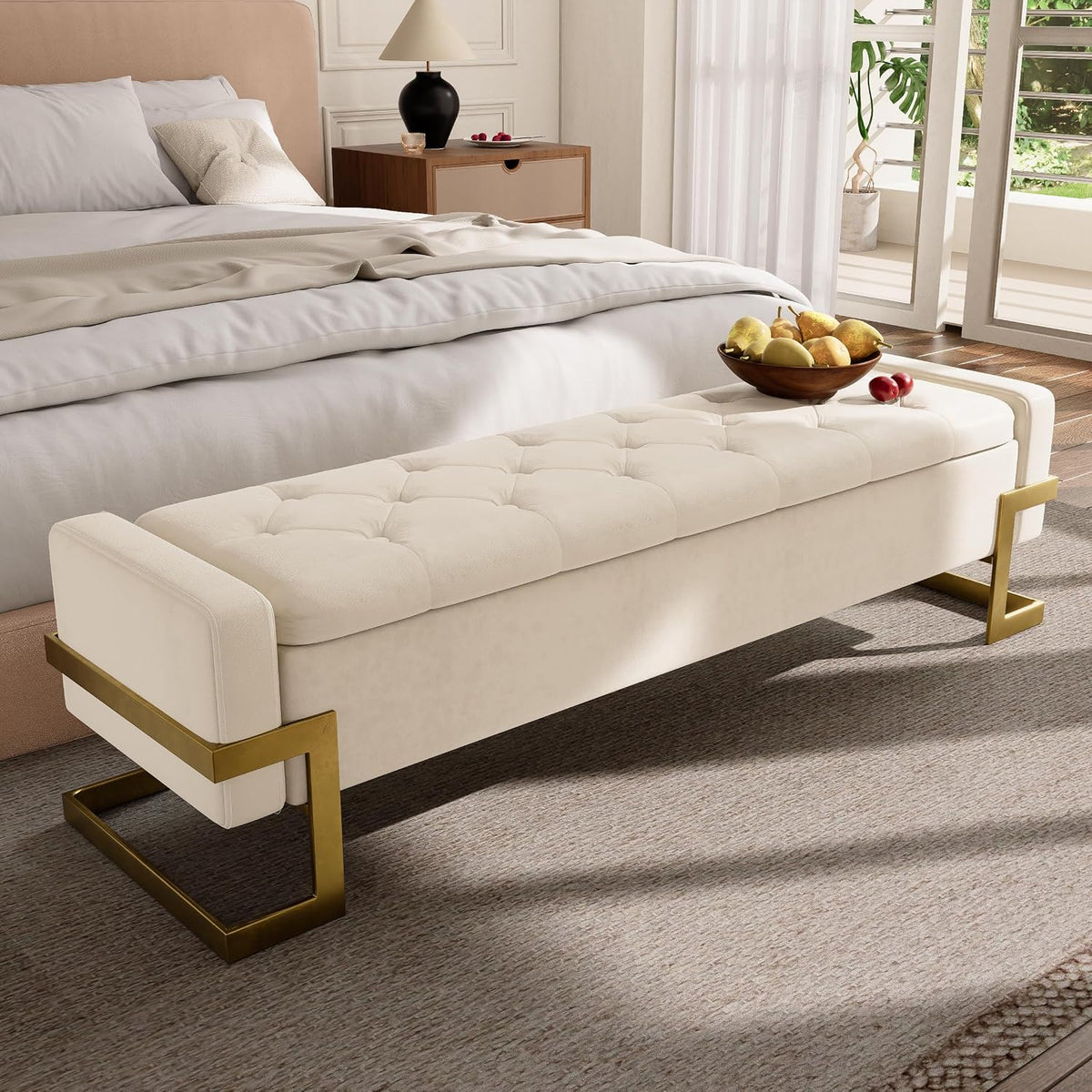 fivewillowise 65 inch bedroom storage bench,velvet end of, close-up detail