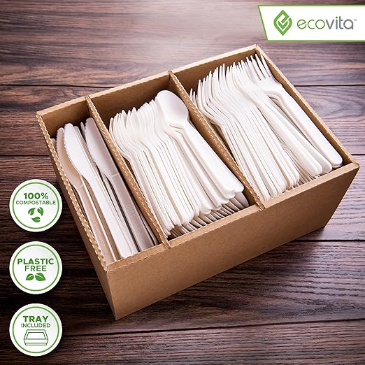 Ecovita 100% Compostable Forks Spoons Knives Cutlery Combo Set - Image 2