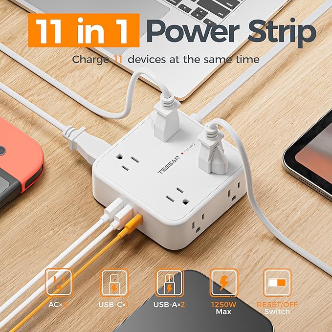 TESSAN Flat Plug Extension Cord, 5 Ft Surge Protector Power Strip - Image 3