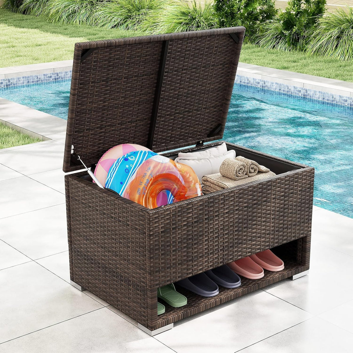 tangkula 48 gallon rattan outdoor storage box with, view 9