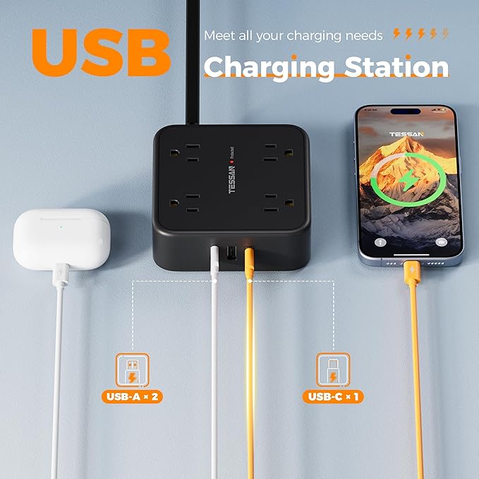Surge Protector Power Strip, TESSAN 5 FT Black Flat Extension Cord - Image 5