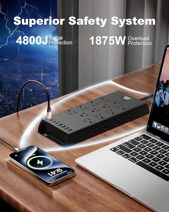 Surge Protector Power Strip 4800J, LeZone 10Ft Long Extension Cord Flat Plug - Image 4