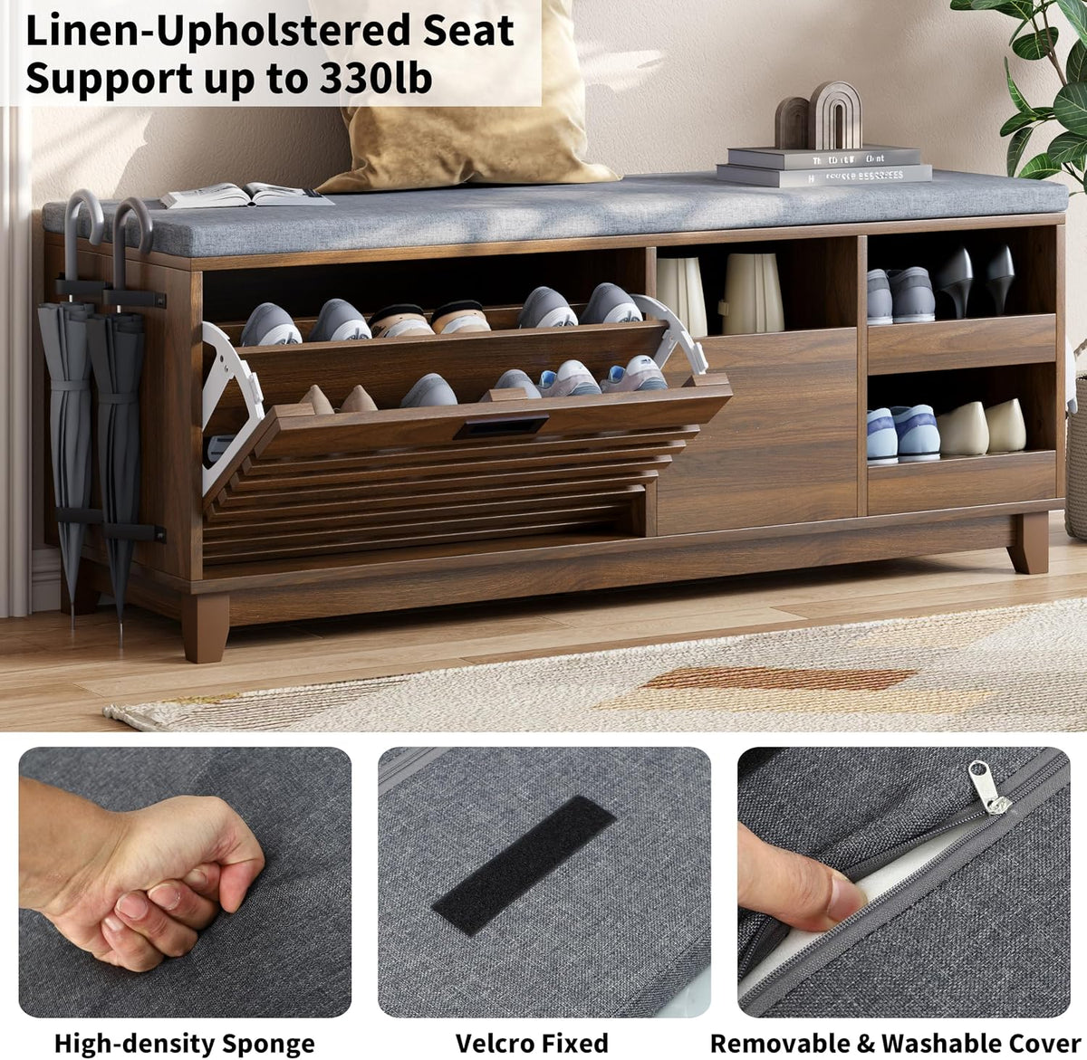 loomie 47.2" shoe storage bench with flip drawer showing dimensions