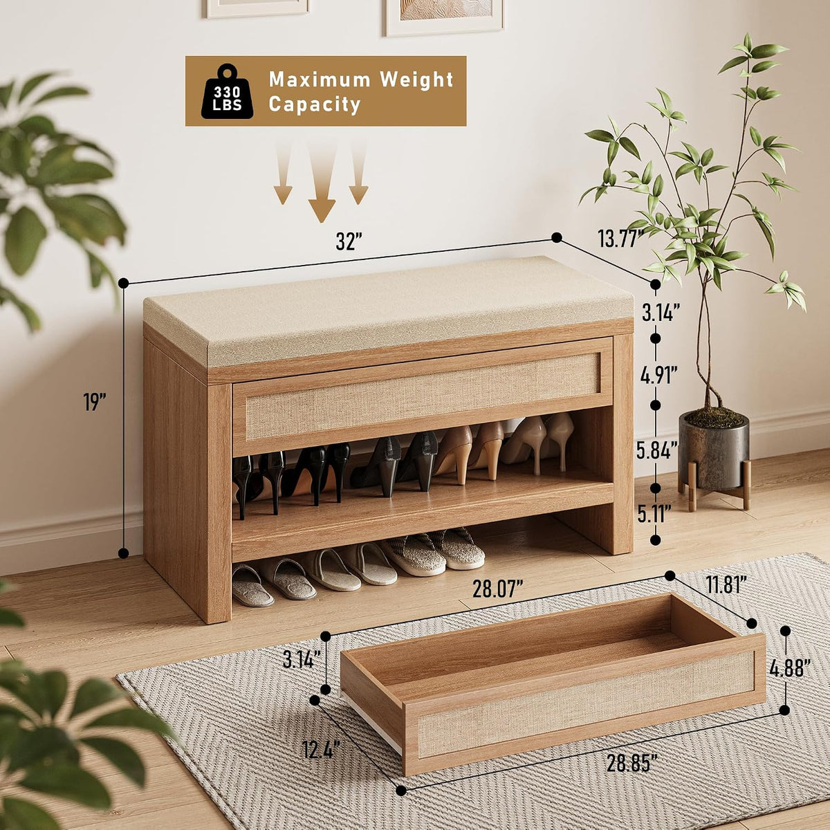32” shoe bench with storage drawer, farmhouse entryway shown in use
