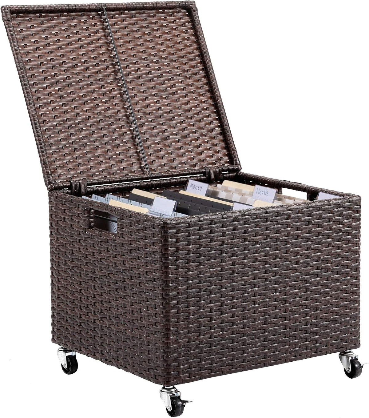 birdrock home rattan rolling storage box with lid on a desk or shelf