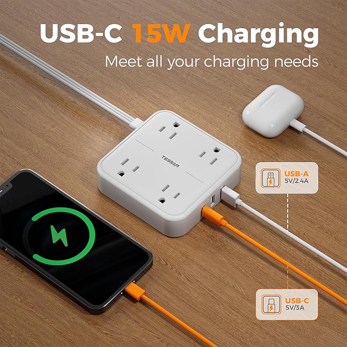 Surge Protector Flat Extension Cord 10FT, TESSAN Flat Plug Power Strip - Image 4