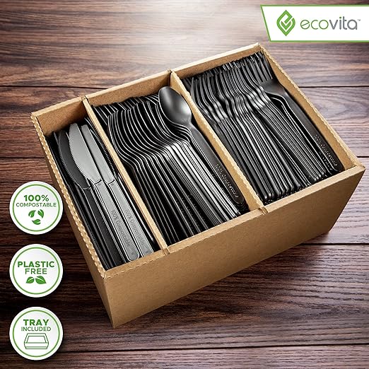 Ecovita 100% Compostable Forks Spoons Knives Cutlery Combo Set - Image 2
