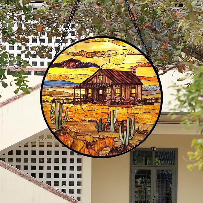 DASTOLL Stained Glass Window Hanging 4 Pcs Set Desert Sunset Theme Landscape - Image 3