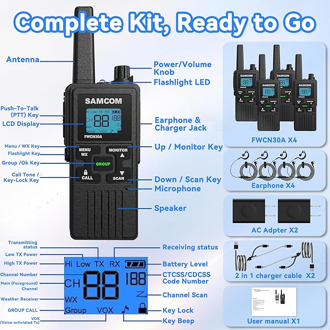 FRS Walkie Talkies Long Range for Adults, Rechargeable FWCN30A Radios - Image 9