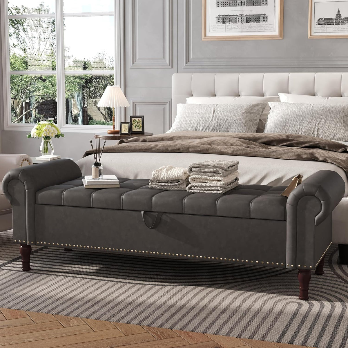 apicizon 60” bench with storage, upholstered tufted button, main product view