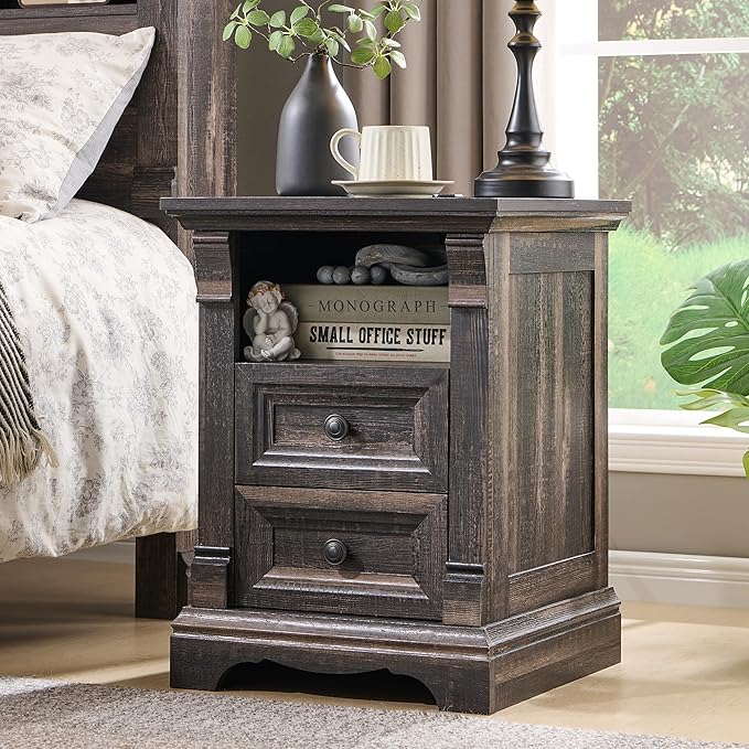 Farmhouse Nightstand with Charging Station, Wooden Sofa Side Table w/Roman - Image 7