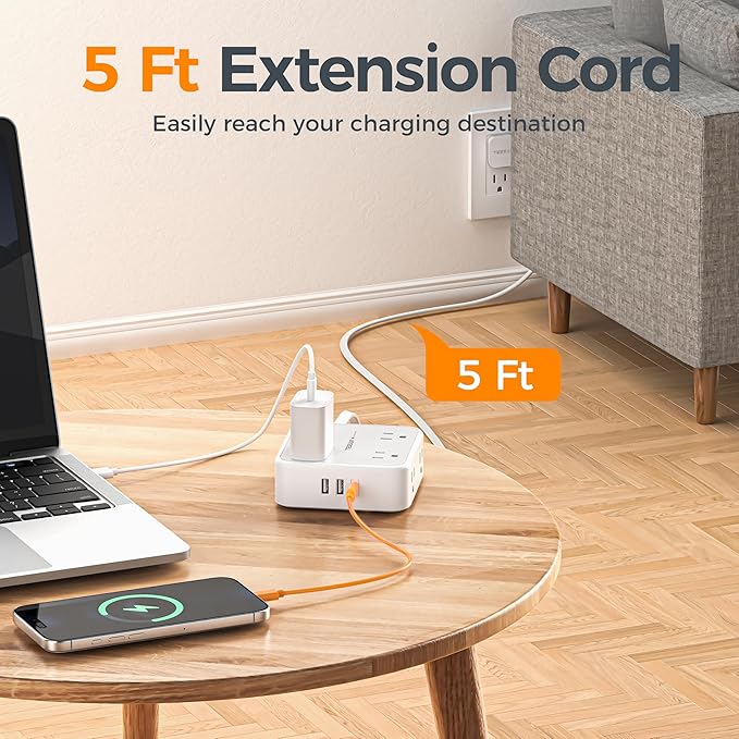 TESSAN Surge Protector Power Strip, 5 Ft Flat Plug Extension Cord - Image 6