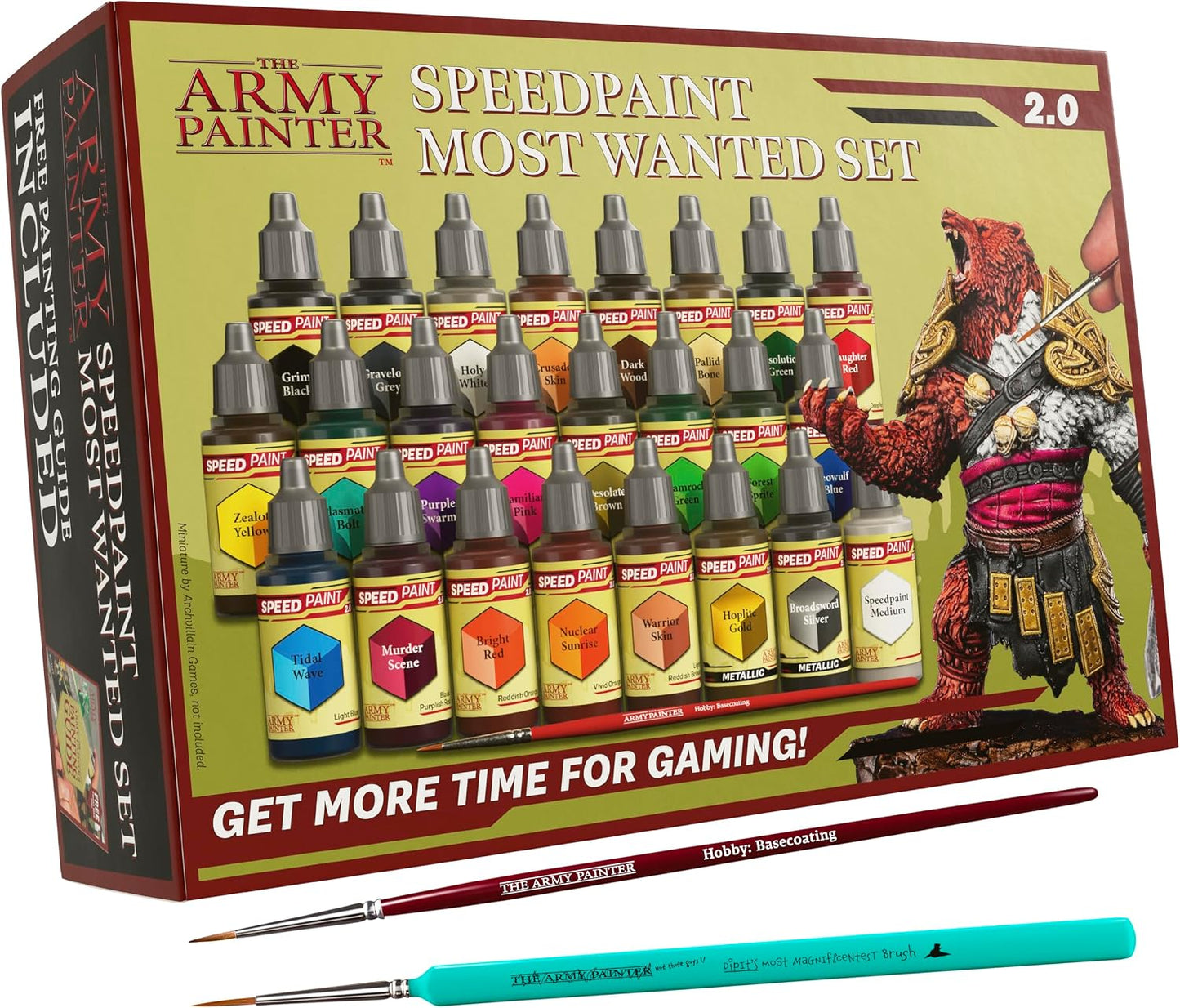 The Army Painter, Speedpaint Most Wanted Set 2.0 Combo, 24 x 18 ml | Contrast Paint Set incl. 2 metallics, 1 medium & 2 Free Brushes for Miniature Model Painting, DnD & Warhammer Figures