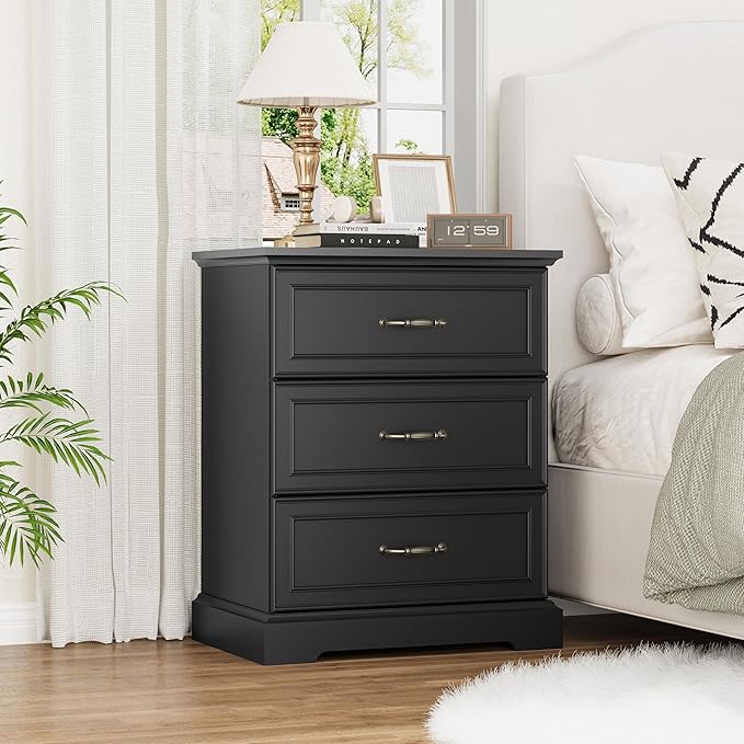 Nightstand with 3 Large Drawers, Rustic Farmhouse Wood Small Dresser, Bedside by Thacuok