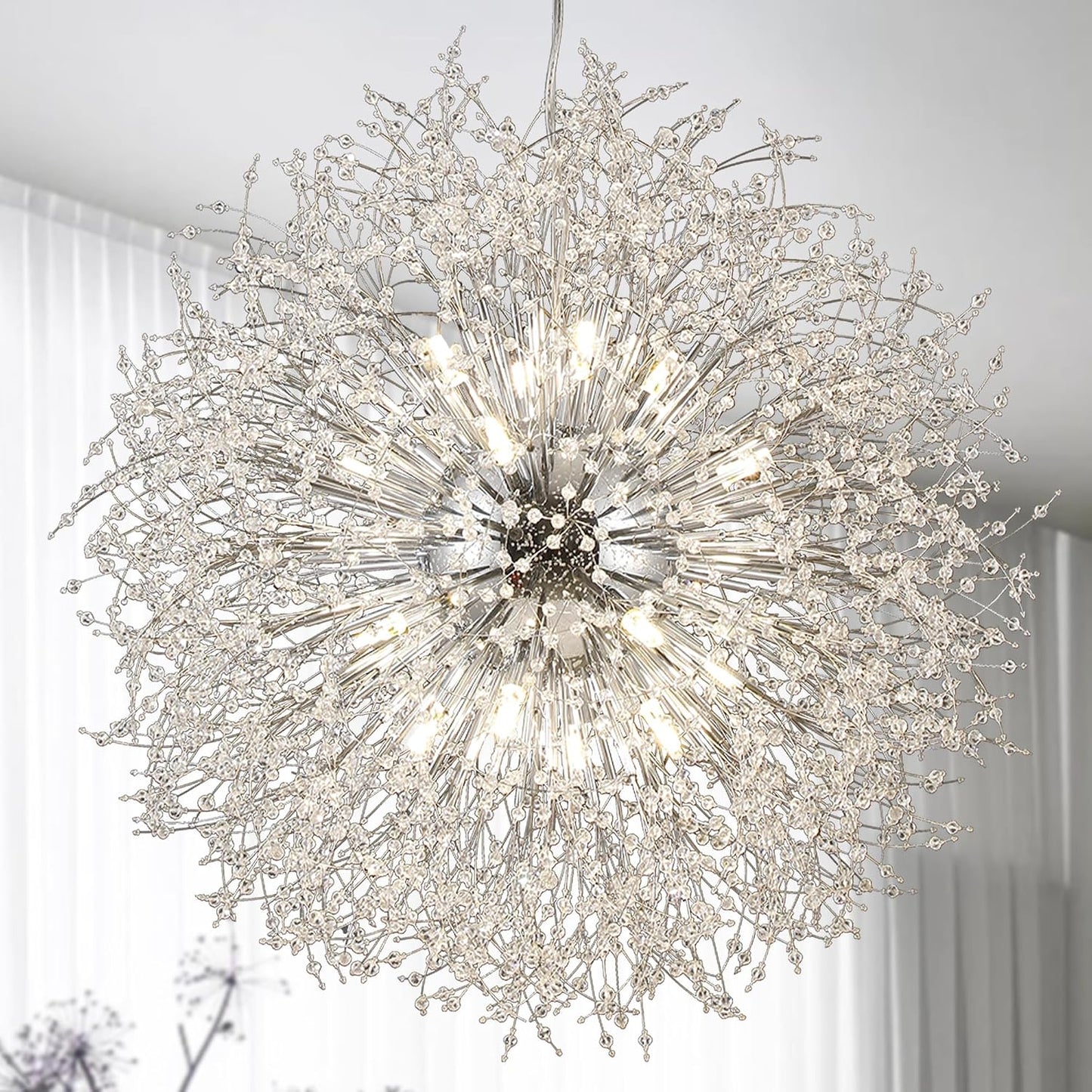 Modern Sputnik Chandelier, 24 Lights Large Firework Crystal Chandelier, Chrome Dandelion High Ceiling Light Fixture for Foyer Hallway Entryway Living Room