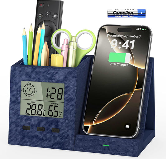 3-in-1 Wireless Charger with Pen Holder, Desk Clocks with Temperature and