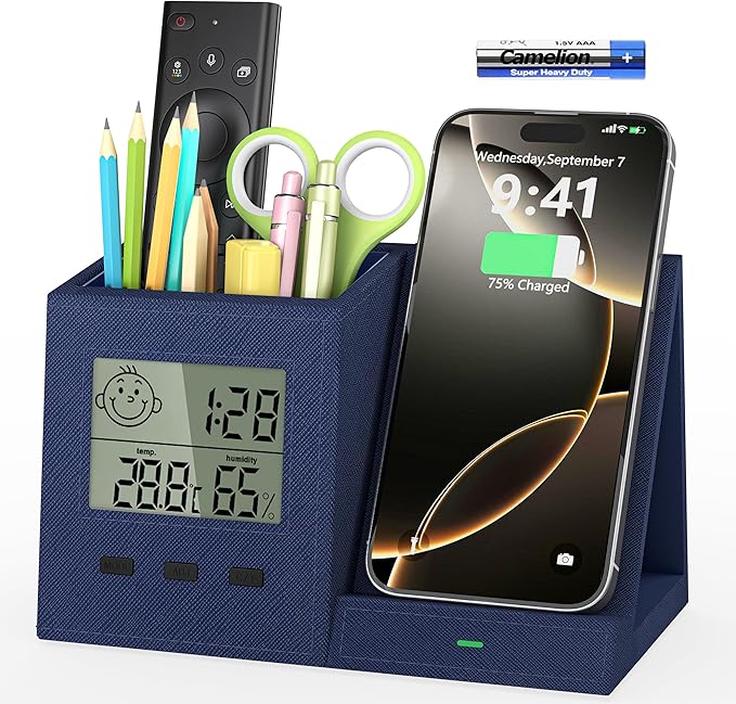 3-in-1 Wireless Charger with Pen Holder, Desk Clocks with Temperature and by wirelessfuturecharger
