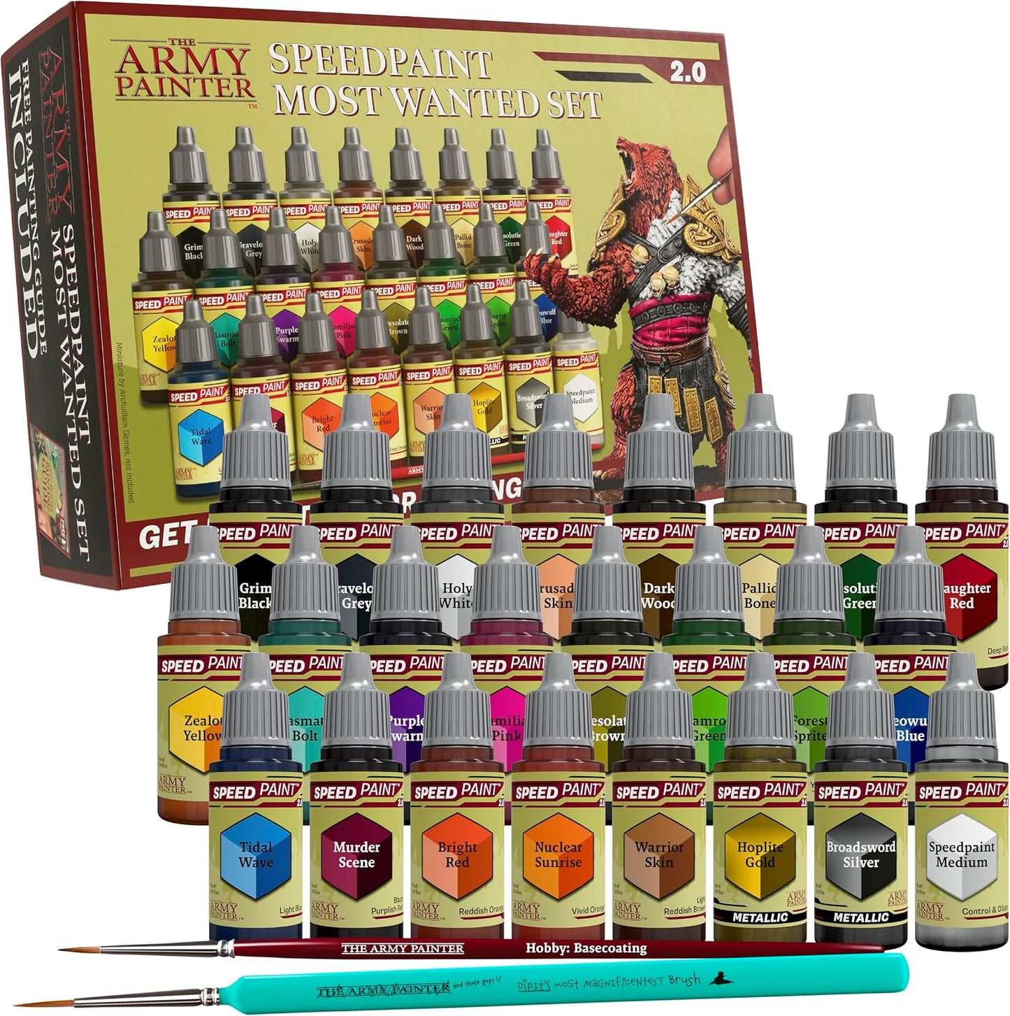 The Army Painter, Speedpaint Most Wanted Set 2.0 Combo, 24 x 18 ml | Contrast Paint Set incl. 2 metallics, 1 medium & 2 Free Brushes for Miniature Model Painting, DnD & Warhammer Figures