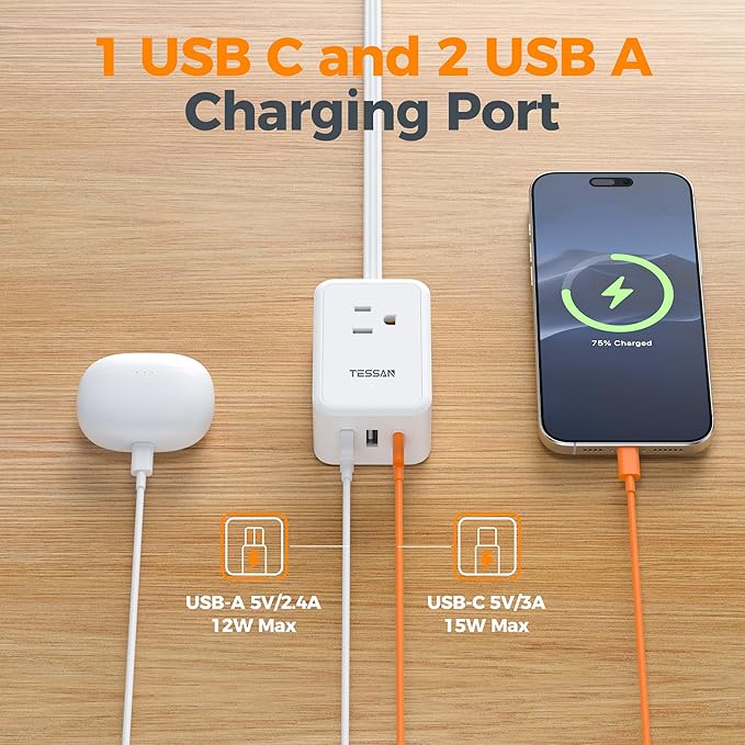 TESSAN Cruise Essentials, Flat Plug Power Strip, 5 Ft Extension Cord - Image 4