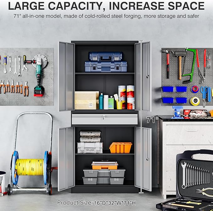 Metal Storage Cabinet with Doors and Shelves, Garage Storage Cabinets with Lock - Image 3