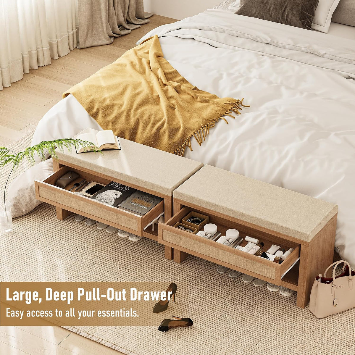 32” shoe bench with storage drawer, farmhouse entryway, side view