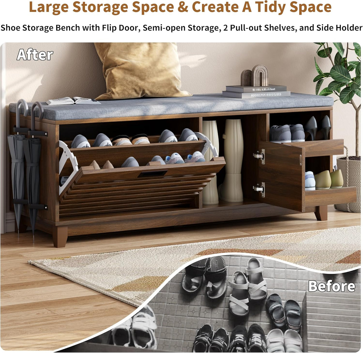 loomie 47.2" shoe storage bench with flip drawer, package contents