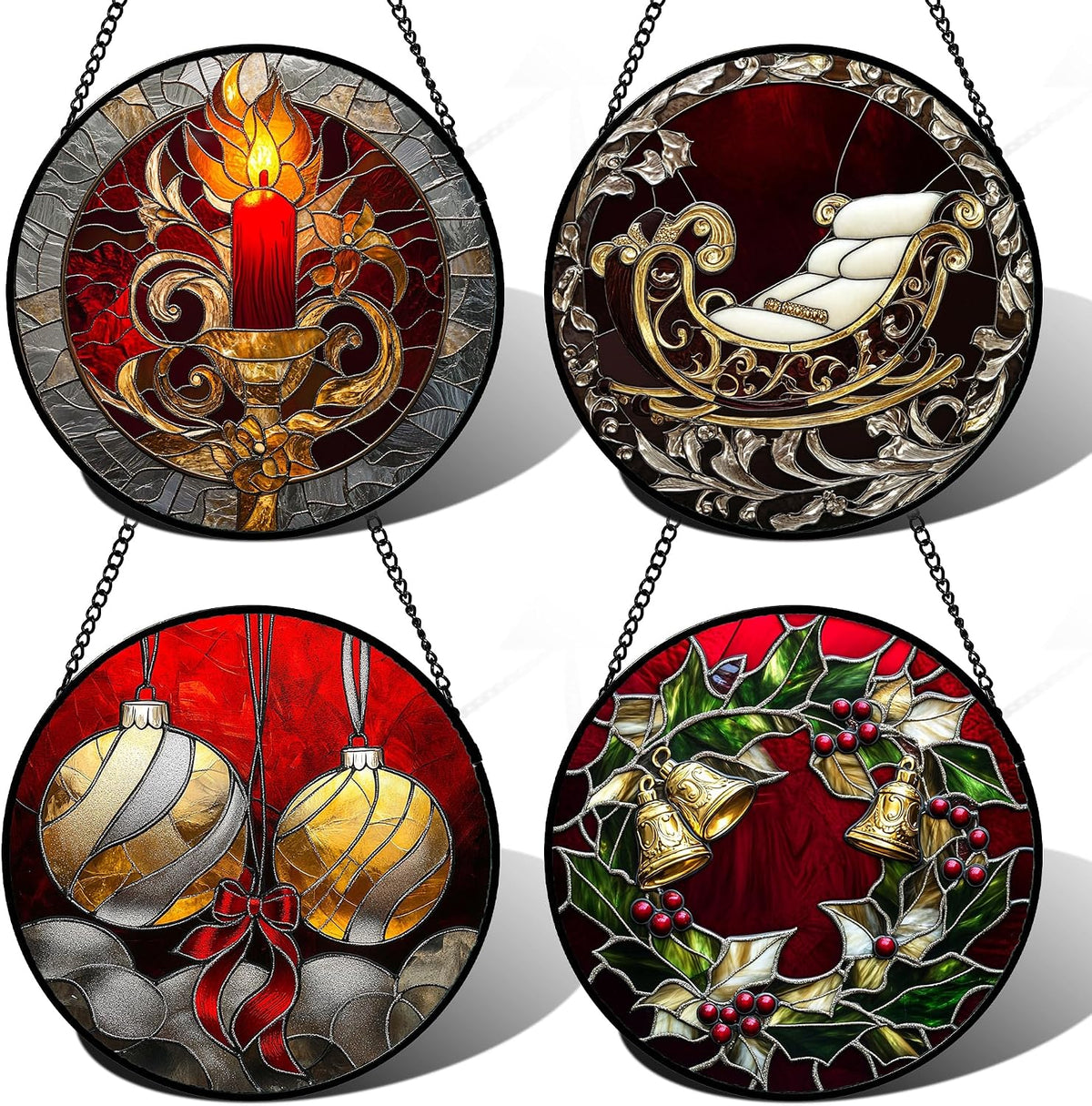 AMDERVEN Stained Glass Window Hanging 4 Pcs Set Christmas Golden Bell Sleigh