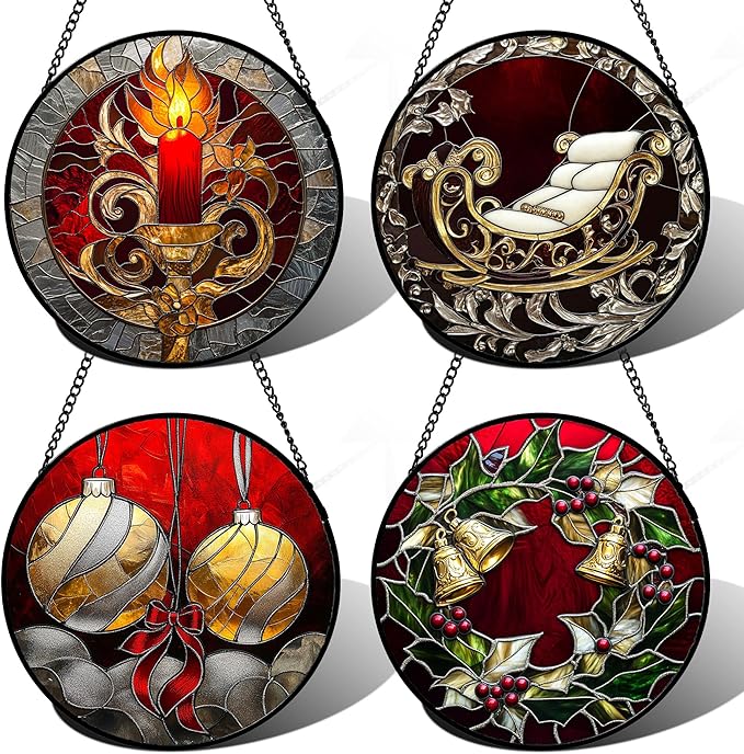 AMDERVEN Stained Glass Window Hanging 4 Pcs Set Christmas Golden Bell Sleigh by amderven