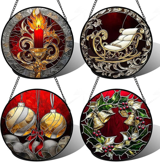 AMDERVEN Stained Glass Window Hanging 4 Pcs Set Christmas Golden Bell Sleigh by amderven