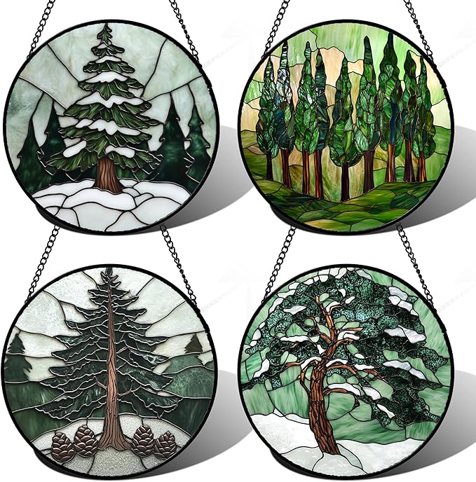 AMDERVEN Stained Glass Window Hanging 4 Pcs Set Forest Green Trees Winter Snow by amderven
