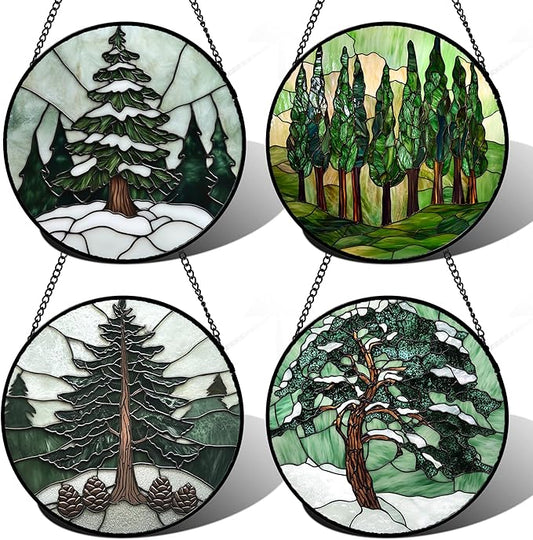 AMDERVEN Stained Glass Window Hanging 4 Pcs Set Forest Green Trees Winter Snow by amderven