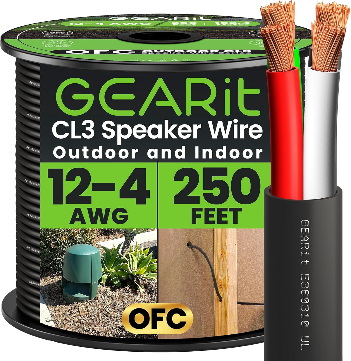 GEARit Outdoor Speaker Wire CL3 Rated, 12 Gauge Speaker Wire, Speaker Cable 250