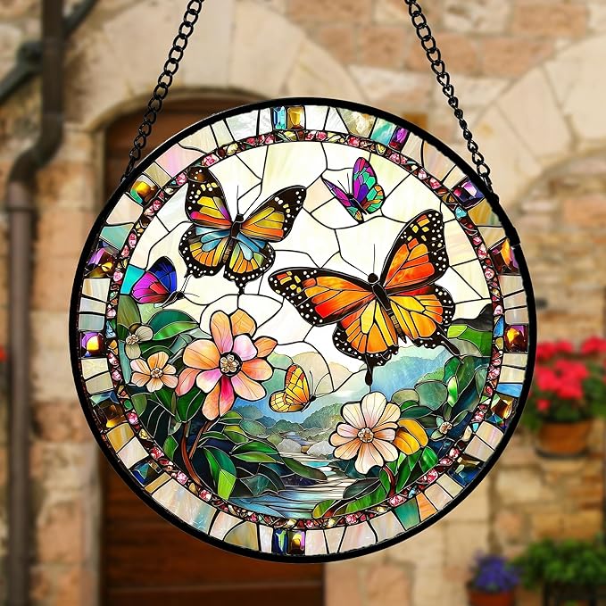 DASTOLL Stained Glass Window Hanging, Butterflies Flying in The Sky Suncatcher - Image 5