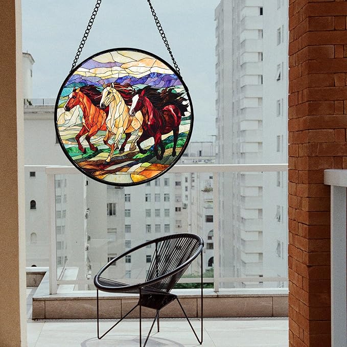 DASTOLL Stained Glass Window Hanging, Colorful Landscape Running Horse - Image 2