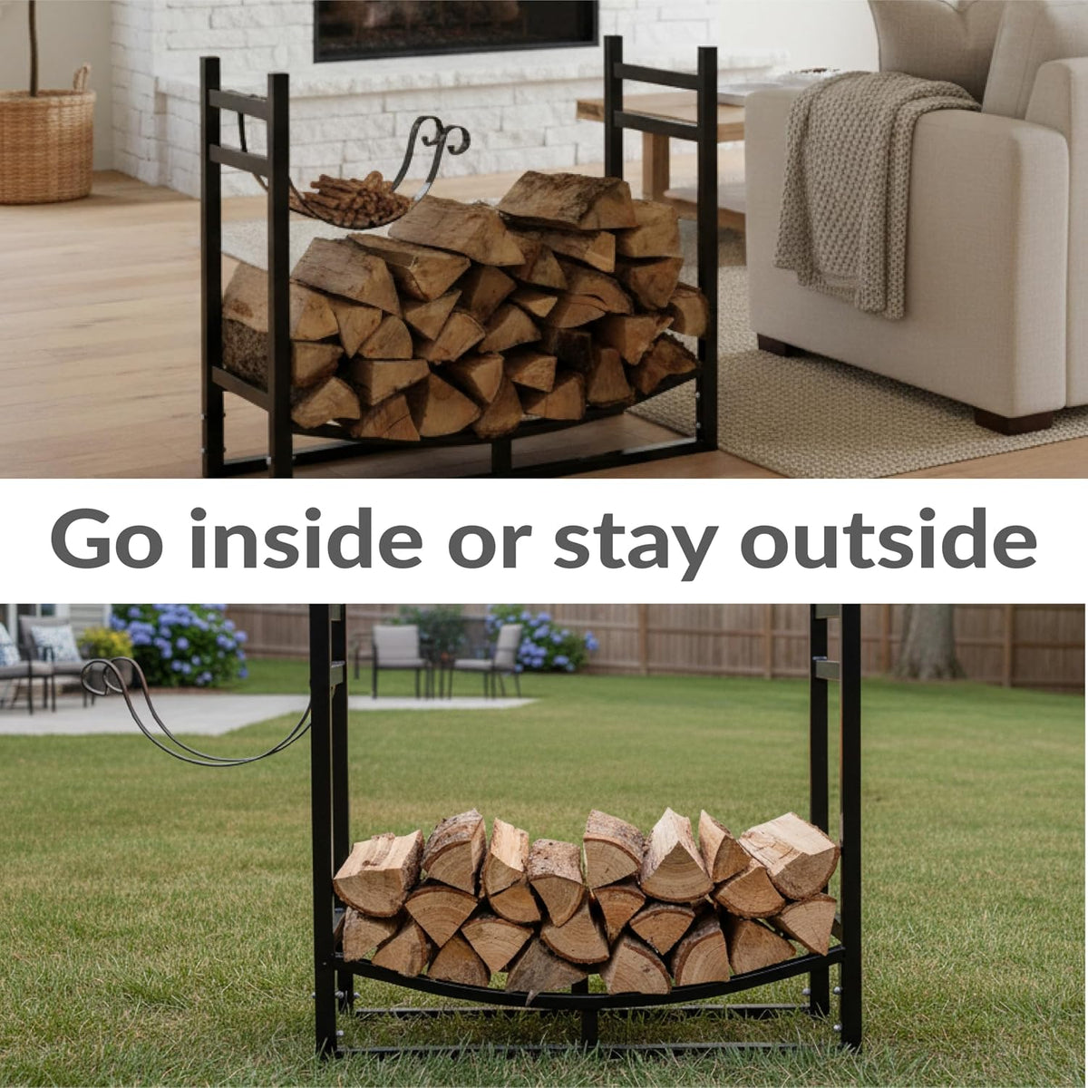 sunnydaze 33" indoor firewood rack with kindling log showing dimensions