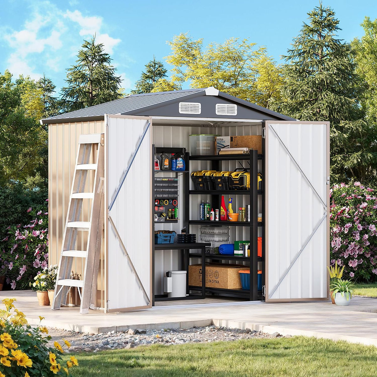 mxv 6x4 ft outdoor metal storage shed, lockable shown in use
