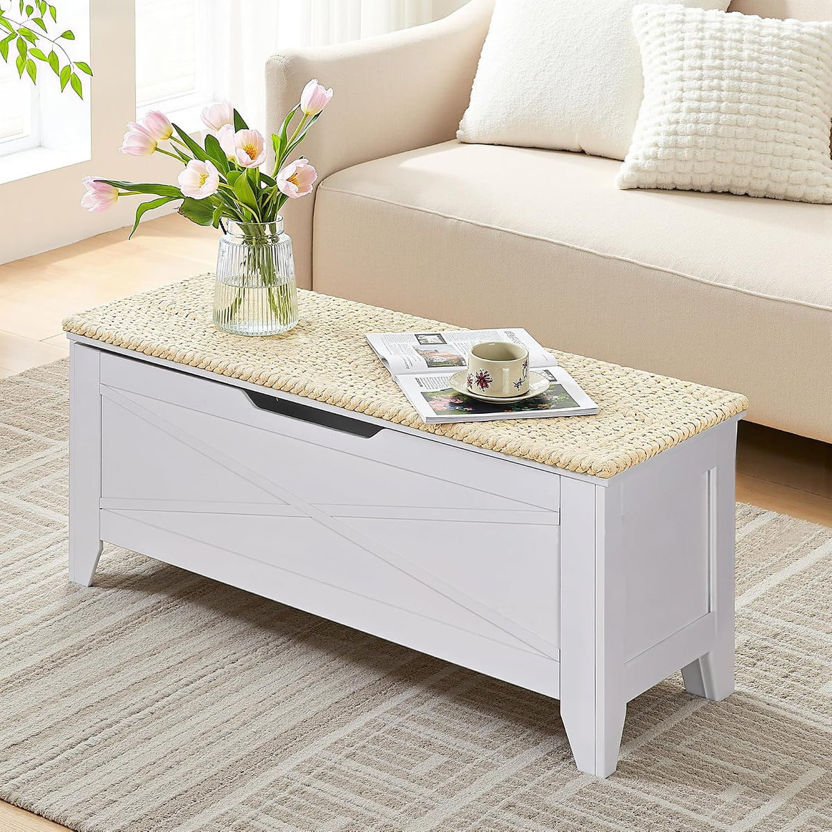 vecelo 43.3" storage bench with handwoven wicker cushion, main product view