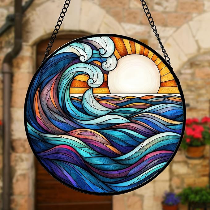 DASTOLL Stained Glass Window Hanging, Big Wave Sun Suncatcher Diamond Glass - Image 2