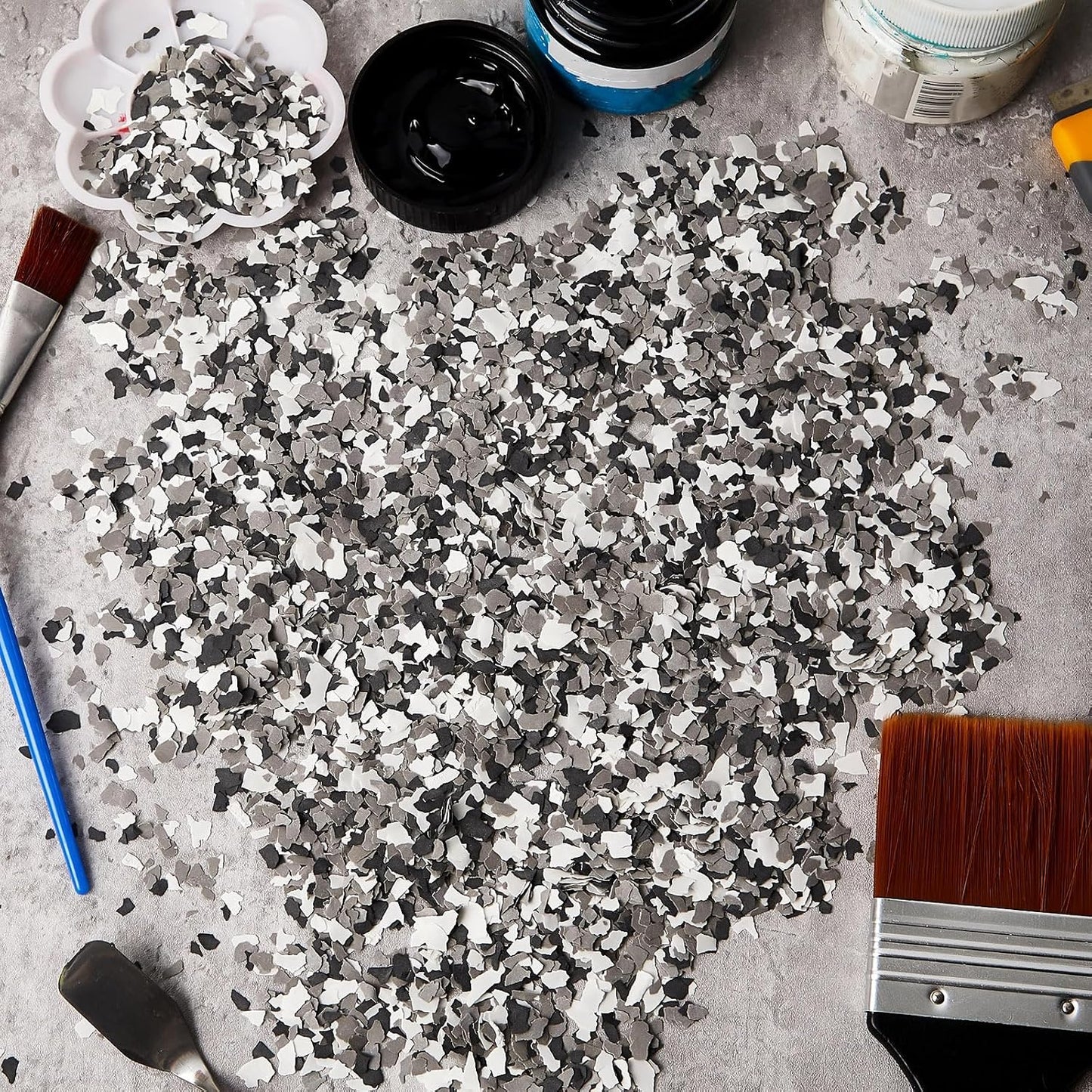 Taiyin 6.17 lb Epoxy Floor Flake, Black White Grey, 2-4 mm | 2.8 kg Blend Decorative Color Chip Epoxy Flakes for Garage Floor, Concrete Coating Paint Flake, Wall Interior Exterior